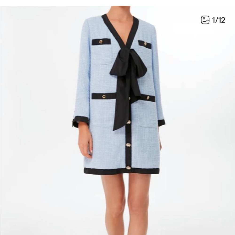 Pomander Place Light Blue Tweed Dress with Black Trim and Bow
